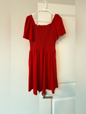 Red Smocked Square-Neck Dress
